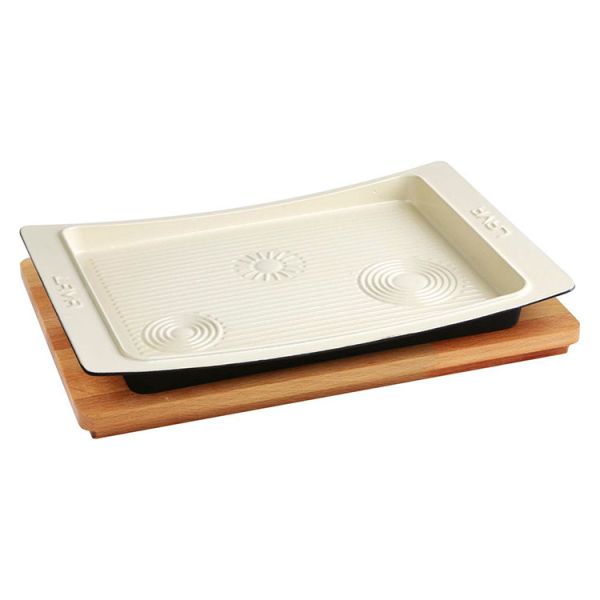 Cast Iron Rectangle Serving Plates And Bowls. With Wooden Platter 36X24cm